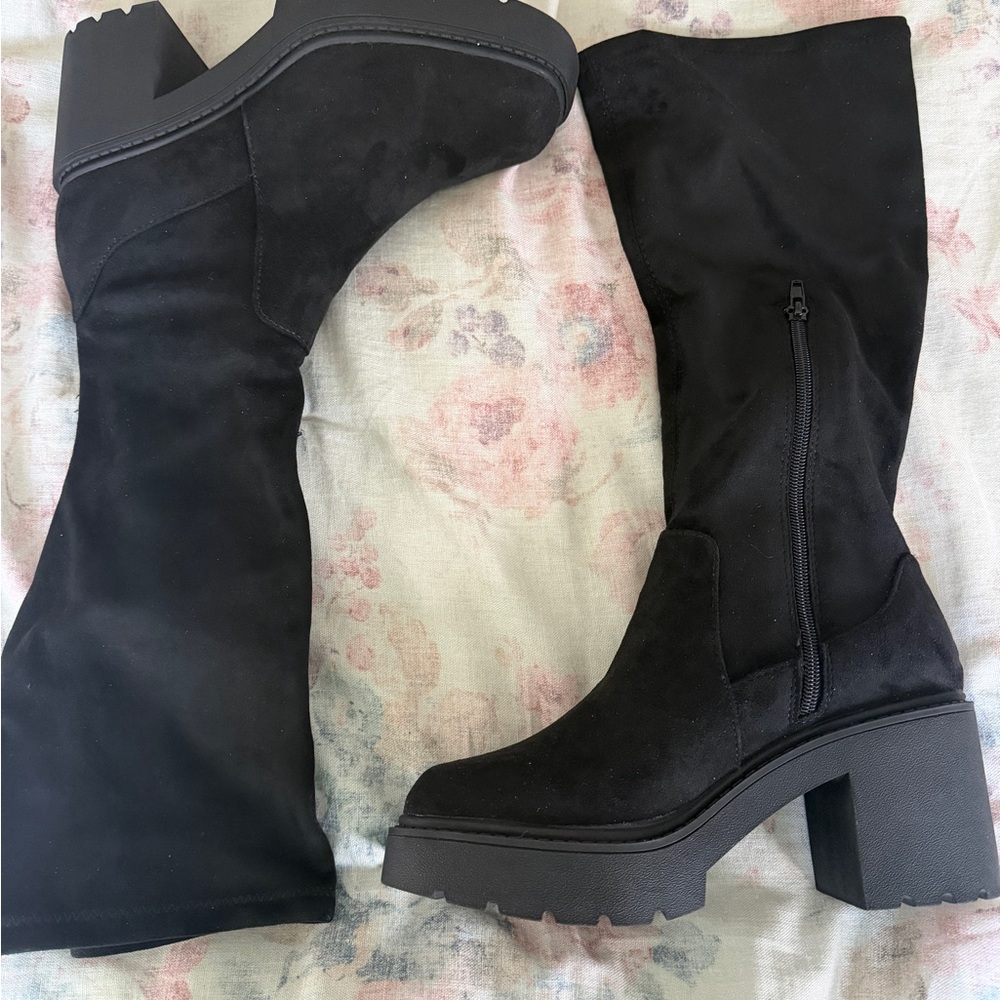 Steve Madden Black Suede-Look Chunky Heel Knee Boots